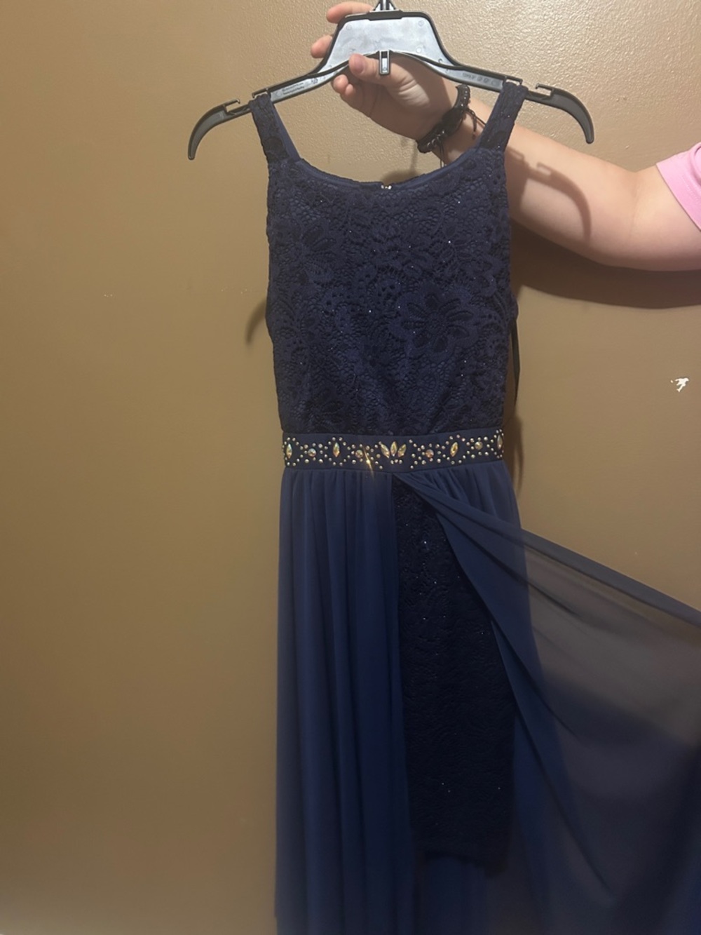 Amy Byer Navy Blue Lace & Chiffon Formal Dress with Embellished Waist
